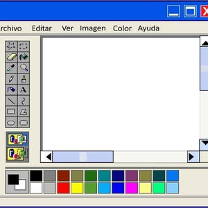 Puede incluir: Una interfaz digital de un software gráfico clásico que presenta un área de lienzo blanca grande, una barra de herramientas vertical con varios iconos de dibujo y una paleta de colores horizontal en la parte inferior con veintiocho cuadrados.