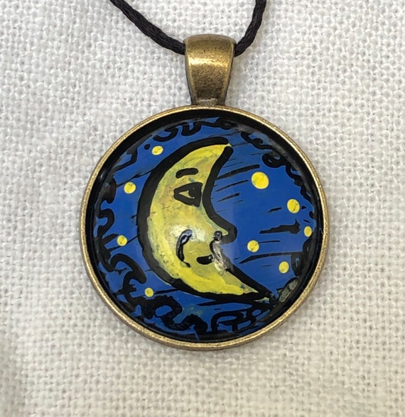 Glass Man In the Moon face necklace celestial moon phase jewelry vintage rustic 