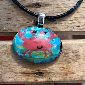 Glass hand drawn whimsical not so crabby crab pendant with cord unique one of a kind