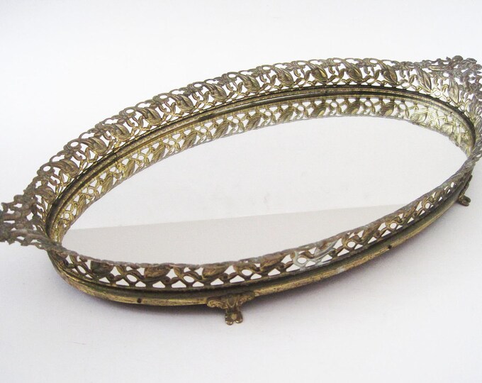 Vintage Oval Vanity Mirror Tray Filigree Etsy