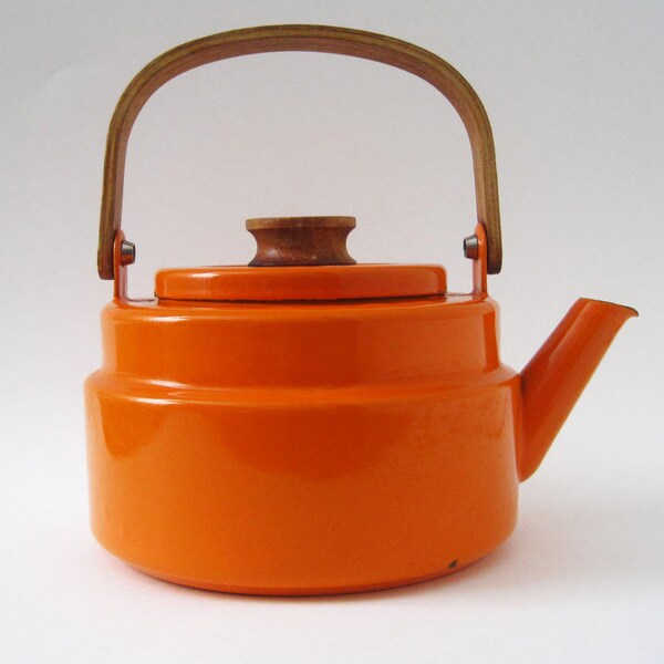 Vintage Danish Modern Orange Enamel Teapot Teak Handle