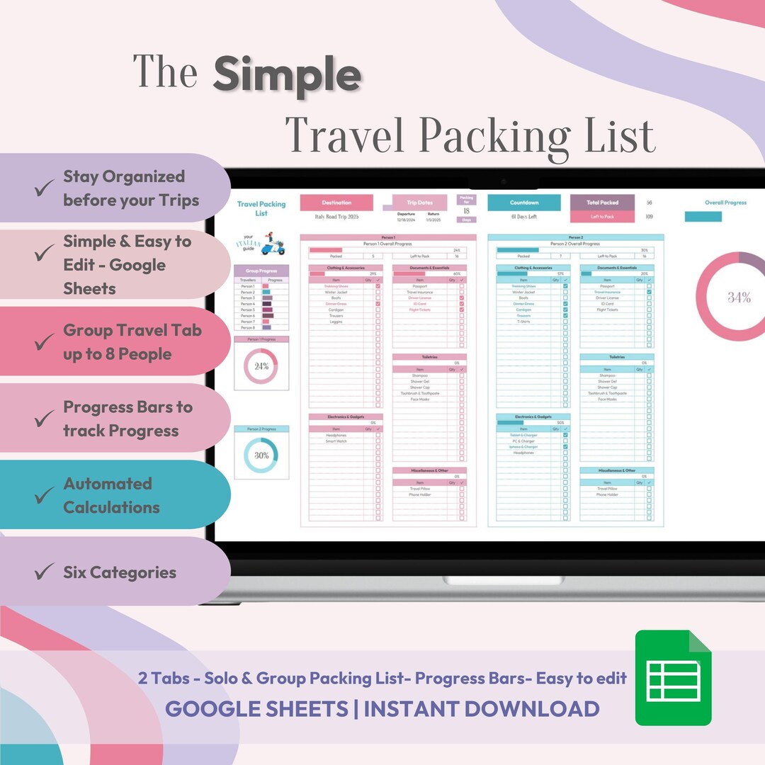 Simple Travel Packing List Google Sheets Template Solo & Group Packing ...