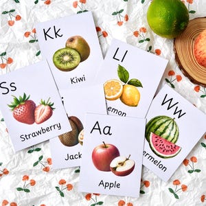 Alphabet de fruits à imprimer, Cartes Montessori, Cartes-éclair sur les fruits, Ressources pédagogiques pour l'école à la maison, Cartes-éclair pour tout-petits, Ressources préscolaires