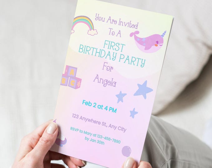 Unicorn Birthday Invitation, Baby 1st birthday, Rainbow Party, Canva Editable (5x7 inches)