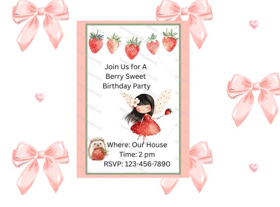 Strawberry Sweet Birthday Invitation, Canva Editable (5x7 inches)