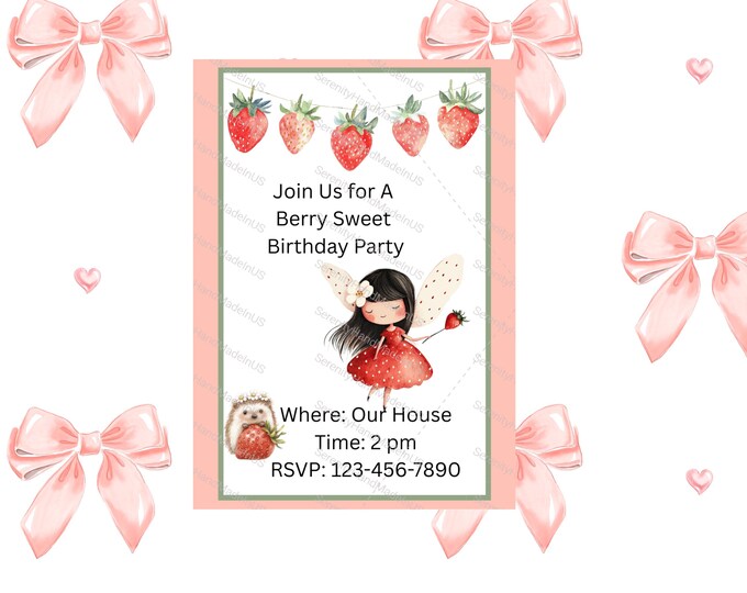 Strawberry Sweet Birthday Invitation, Canva Editable (5x7 inches)