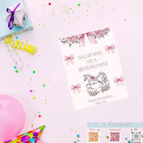 Floral Horse Birthday Invitation, Editable Canva Template (5x7 inches)
