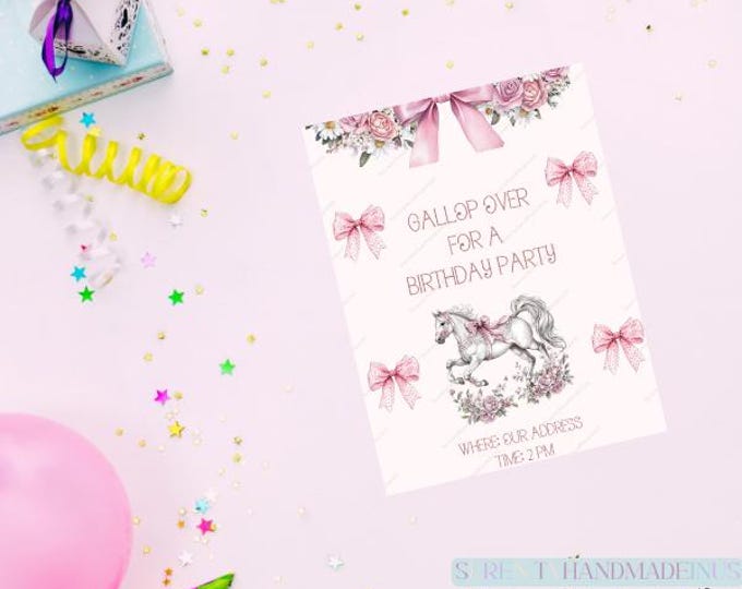 Floral Horse Birthday Invitation, Editable Canva Template (5x7 inches)