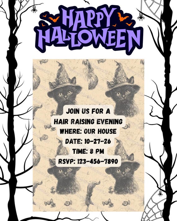 Cat Invitation, Editable in Canva, Halloween Invite