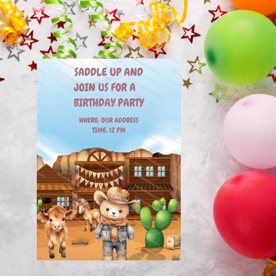Cowboy Birthday Invitation, Editable Canva Template (5x7 inches)