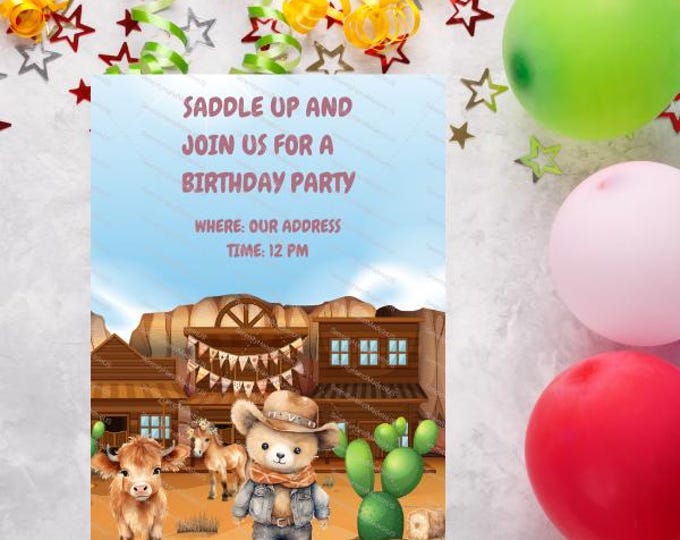 Cowboy Birthday Invitation, Editable Canva Template (5x7 inches)