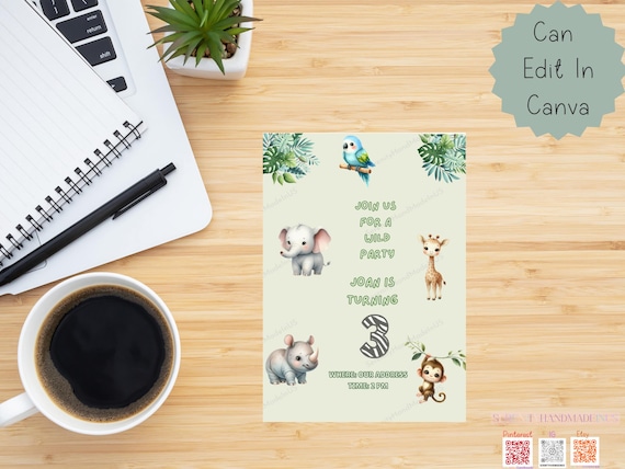 Jungle Birthday Invitation, Editable Canva Template (5x7 inches)