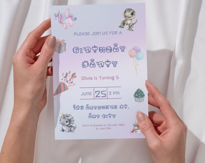 Unicorn Dino Birthday Invitation, Editable Canva Template (5x7 inches)