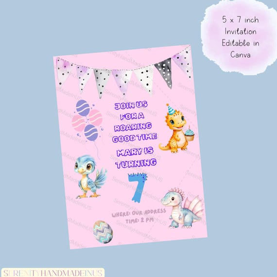 Dino Birthday Invitation, Editable Canva Template (5x7 inches)