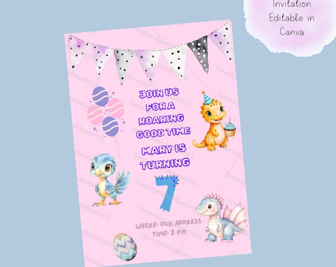 Dino Birthday Invitation, Editable Canva Template (5x7 inches)
