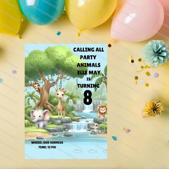 Jungle Birthday Invitation, Editable Canva Template (5x7 inches)