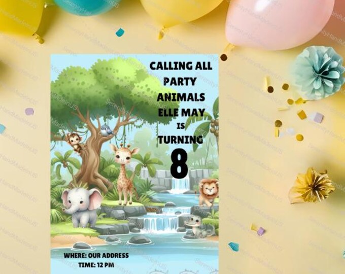 Jungle Birthday Invitation, Editable Canva Template (5x7 inches)