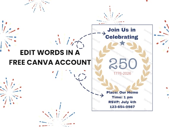 250th Anniversary, 5 x 7 Invite Customize in Canva, 4th of July Invite