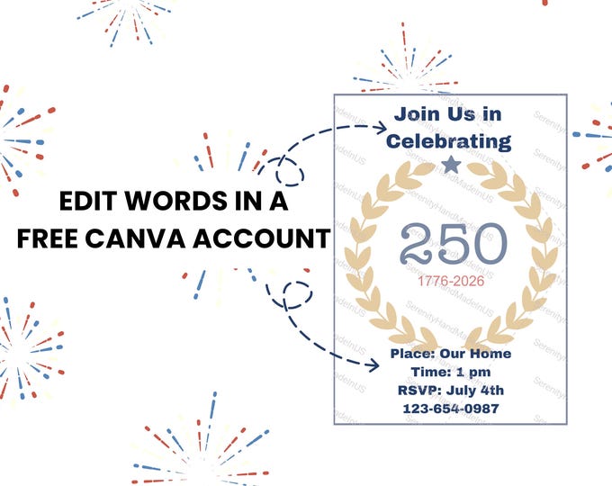 250th Anniversary, 5 x 7 Invite Customize in Canva, 4th of July Invite