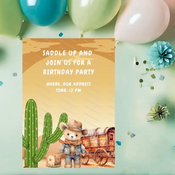 Cowboy Birthday Invitation, Editable Canva Template (5x7 inches)