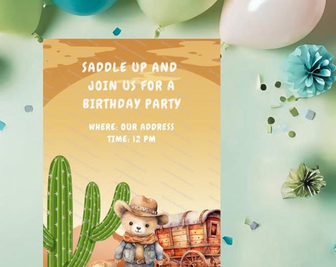 Cowboy Birthday Invitation, Editable Canva Template (5x7 inches)