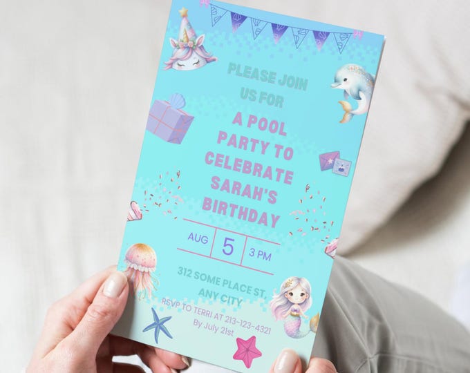 Unicorn Mermaid Birthday Invitation, Under the Sea Party, Editable in Canva