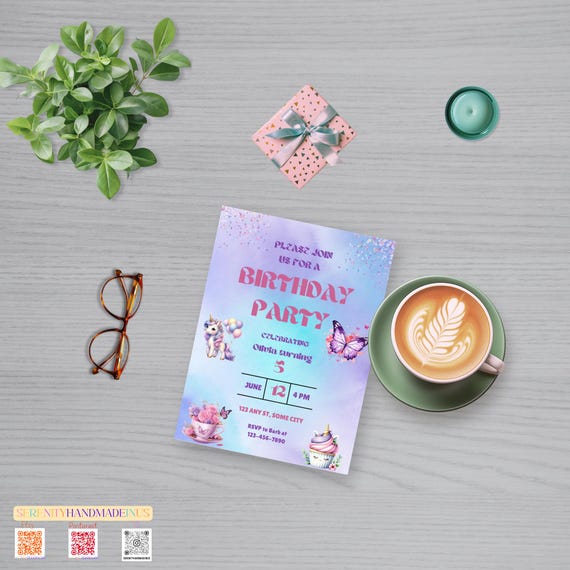 unicorn butterfly invitation, butterfly birthday invitation, unicorn birthday, editable in Canva, each invitation is 5 x 7, fairytale