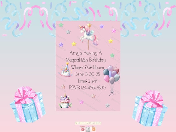 Unicorn Dream Birthday Invitation, Rainbow Party, Baby 2nd birthday, Canva Editable (5x7 inches)