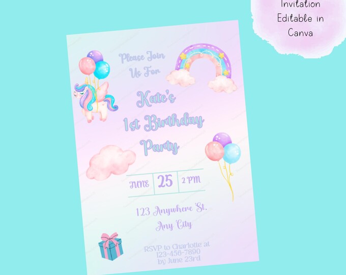 Unicorn Dream Birthday Invitation, Baby 1st birthday, Rainbow Party, Canva Editable (5x7 inches)