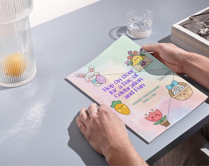 Easter Bunny Party Invite. 5 x 7  Invitation Editable in Canva.