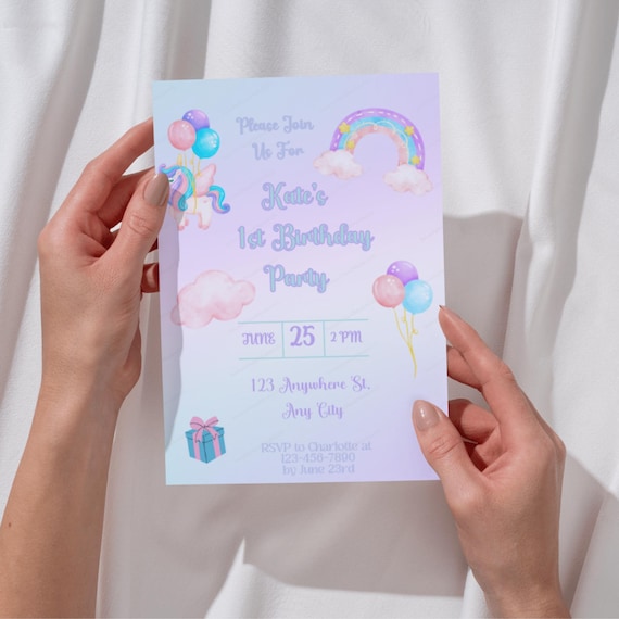 Unicorn Dream Birthday Invitation, Baby 1st birthday, Rainbow Party, Canva Editable (5x7 inches)