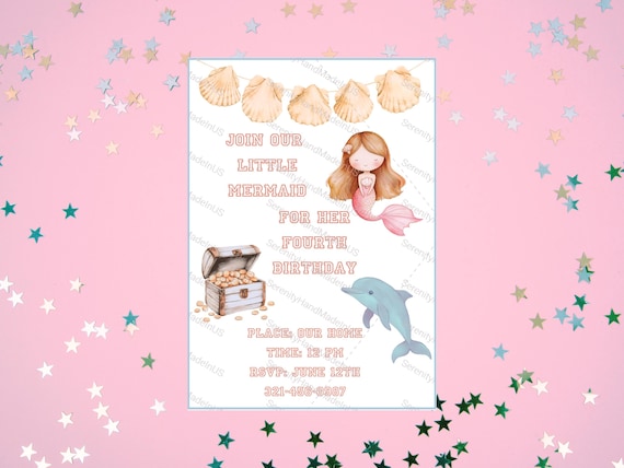 Mermaid Birthday Invitation, Under the Sea Party, Editable in Canva, 5 x 7 invitation