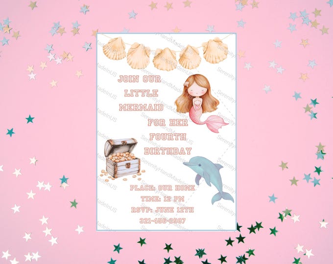 Mermaid Birthday Invitation, Under the Sea Party, Editable in Canva, 5 x 7 invitation