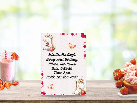 Berry First Birthday, Unicorn Strawberry Invitation, Canva Editable (5x7 inches)