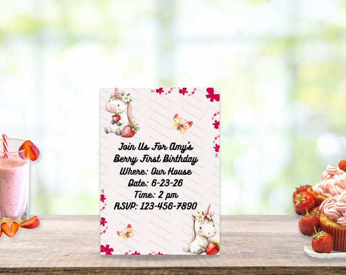 Berry First Birthday, Unicorn Strawberry Invitation, Canva Editable (5x7 inches)