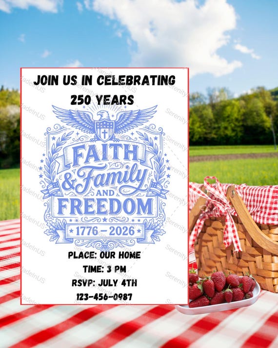 A 4th of July invite to celebrate the 250th Anniversary. Each invitation is 5 x 7 and customizable in Canva.