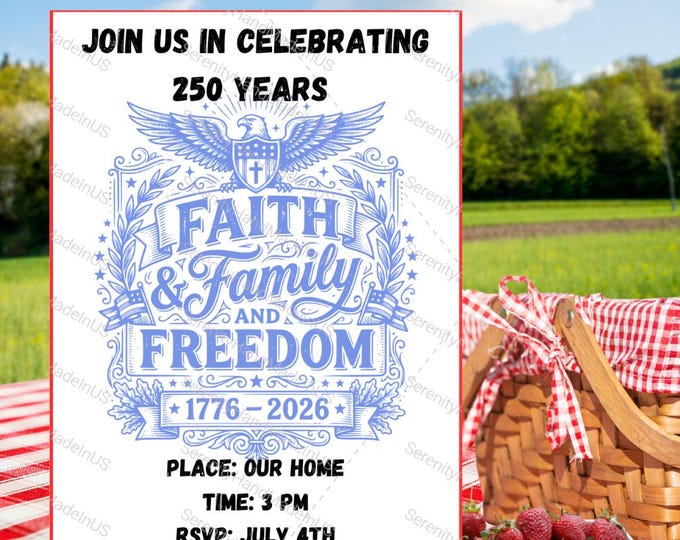 A 4th of July invite to celebrate the 250th Anniversary. Each invitation is 5 x 7 and customizable in Canva.