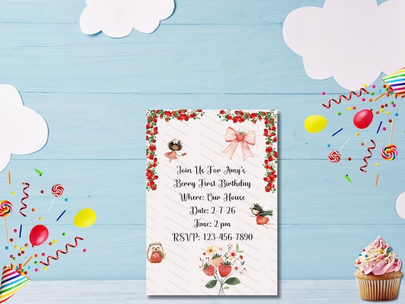 Berry First Fairy Birthday Invitation, Canva Editable (5x7 inches)