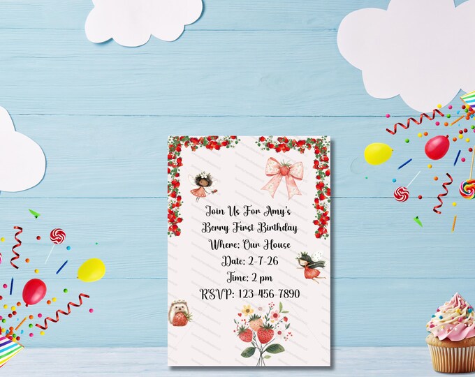 Berry First Fairy Birthday Invitation, Canva Editable (5x7 inches)