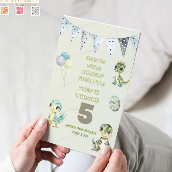 Dinosaur Birthday Invite, Editable Canva Template (5x7 inches)