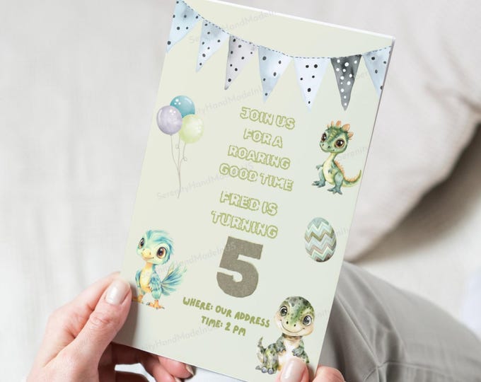 Dinosaur Birthday Invite, Editable Canva Template (5x7 inches)