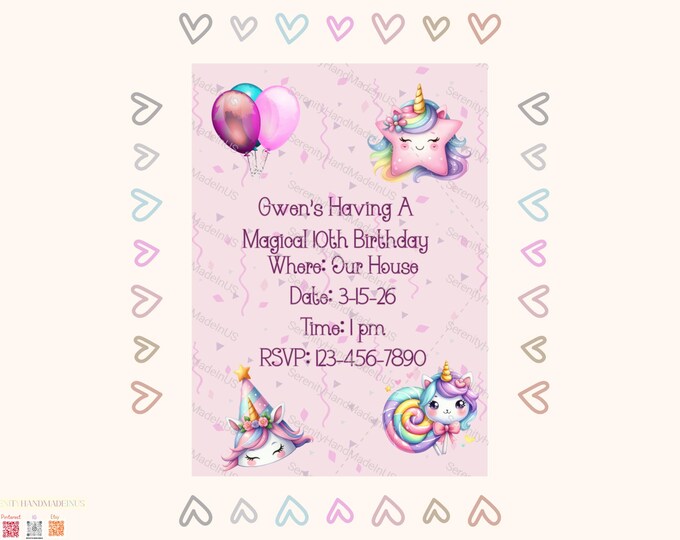 Unicorn Birthday Invitation, Baby 1st birthday, Rainbow Party, Canva Editable (5x7 inches)