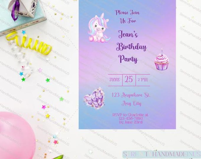 Unicorn Butterfly Birthday Invitation, Baby 1st birthday, Rainbow Party, Canva Editable (5x7 inches)