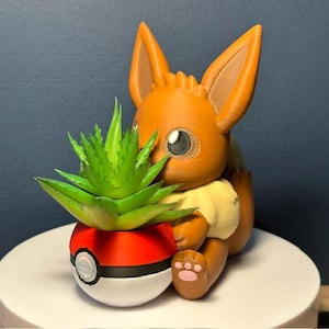 Peut inclure: Un personnage Pokemon brun et orange tenant un pot de plante en forme de Poké Ball rouge et blanc avec une plante succulente verte à l'intérieur.