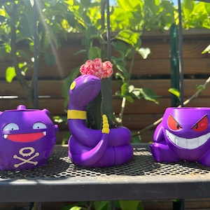 Può includere: Tre vasi per piante Pokémon viola. Il primo è un Gengar, il secondo è un serpente viola con accenti gialli e il terzo è un Gastly viola.