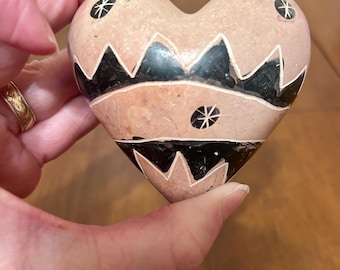 Hand Carved Soapstone Heart | Incised Geometric Southwestern Design | Pink Terracotta & Black Stone Paperweight