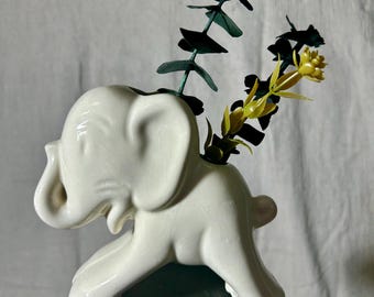 Vintage Pottery USA White "Stretch Elephant" Planter - Mid-Century Modern Ceramic Figurine