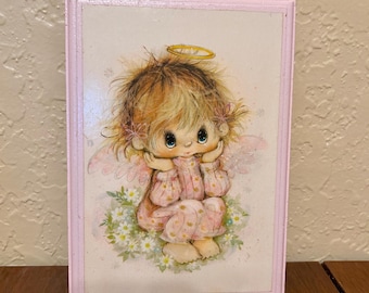 Vintage Precious Moments Style Little Angel Wood Plaque Art | Cute Pink Nursery Wall Hanging | 70s 80s Retro Cherub Decor