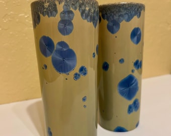 Vintage Blue and Sand Crystalline Glaze Studio Pottery Vases - Set of 2 - Artist Signed
