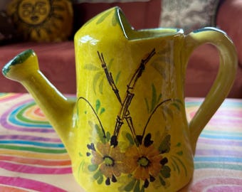 Vintage Italian Pottery Pitcher - Hand Painted Floral Ceramic Watering Can - Mid Century Chartreuse & Yellow Decor - Made in Italy